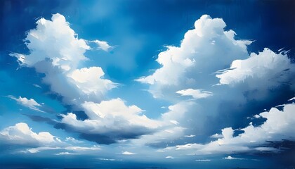 Serene blue sky adorned with fluffy white clouds evokes tranquility and peacefulness