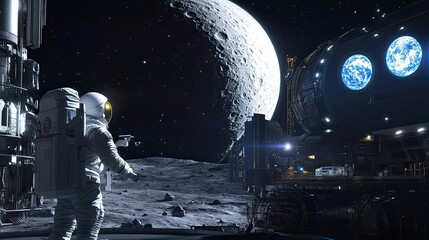 Wall Mural - astronaut on a lunar base with a view of a giant moon and earth