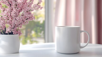 A white coffee cup sits on a table next to a vase of pink flowers