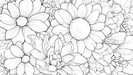 Wall Mural - Doodle Floral Drawing Coloring Book Page for Kids Whimsical Flower Illustration Fun Doodle Design Relaxing Nature Scene Drawing for Children Creative Floral Art Page