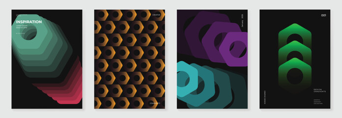 Modern gradient poster background vector set. Minimalist style cover template with vibrant perspective 3d geometric prism shapes collection. Ideal design for social media, cover, banner, flyer.