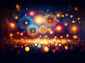 Poster - a night sky filled with colorful fireworks and twinkling lights.