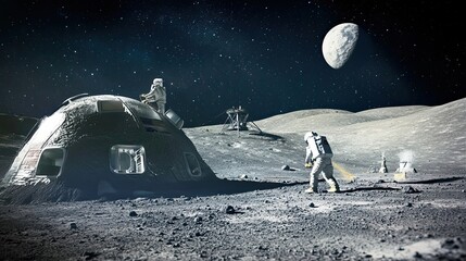 Wall Mural - astronauts explore a lunar base under a starry sky
