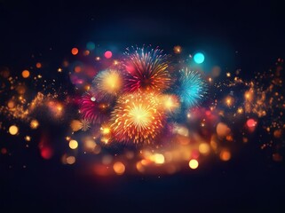 Poster - fireworks explode in a colorful display against a dark sky with bokeh lights.