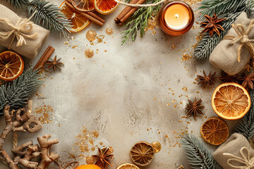 Wall Mural - Top view border from citrus, candles, spruce and lights on the wooden background. New year backdrop with copyspace