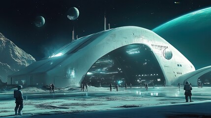 Wall Mural - futuristic spacecraft landing on an alien planet