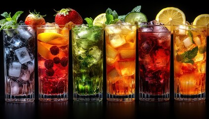 Canvas Print - Refreshing summer drinks with ice and fresh garnishes.