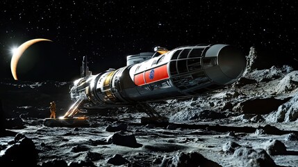 Wall Mural - spaceship landing on a moon-like planet with an astronaut in a spacesuit
