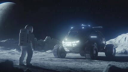 Wall Mural - astronaut and futuristic lunar rover on a moon-like surface