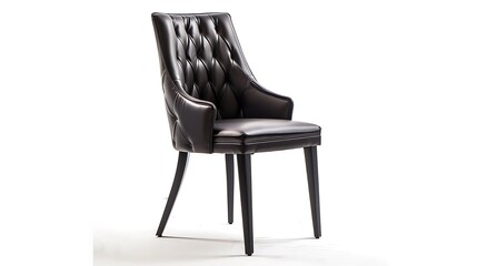 A stylish leather dining chair with a high backrest on a white background