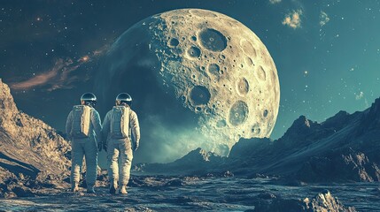 Wall Mural - two astronauts walking on an alien planet with a giant moon in the sky