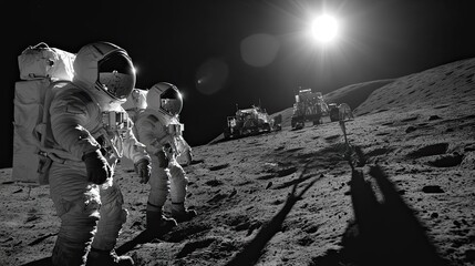 Wall Mural - two astronauts on the moon with a lunar rover in the background