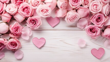 Canvas Print - Pink roses frame on white wooden background. Top view. Copy space. Flowers background