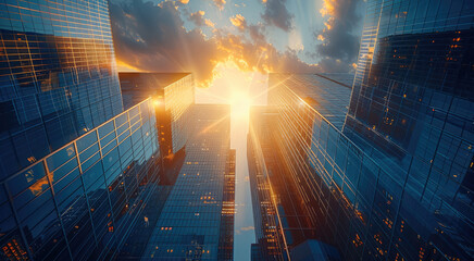 Poster - Modern skyscrapers of a smart city, futuristic financial district with buildings and reflections , blue color background for corporate and business template with warm sun rays of light.