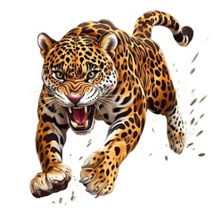 Wall Mural - an angry leaping jaguar illustration element cut out isolated on white background
