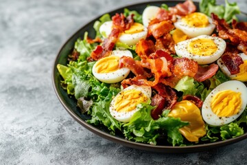 Keto salad featuring mixed greens, boiled eggs, crispy bacon, and fresh toppings served in a bowl