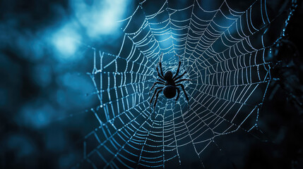 An eerie spider web with a spider in the center, isolated against a dark background.