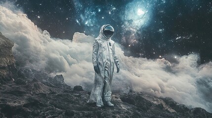 Wall Mural - astronaut standing on a rocky, cloud-covered planet