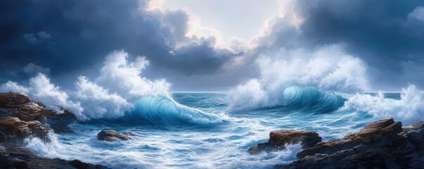 A dramatic seascape featuring powerful waves crashing against rocky outcrops under a cloudy sky, evoking a sense of natural beauty and turbulence.