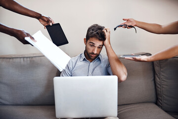 Poster - Business, man and hands with stress for deadline on sofa with time management fail, overwhelmed or multitasking. Entrepreneur, freelancer and headache with reminder, tasks and laptop with remote work