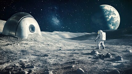 Wall Mural - a lone astronaut on a desolate lunar landscape, earth visible in the distance.