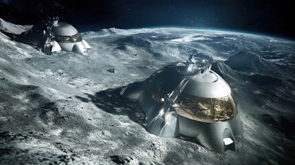 Wall Mural - two futuristic spaceships landed on a moon-like surface