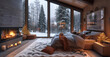 © visoot - A double-height bedroom with a large, floor-to-ceiling window on one side log cabin. Outside is a dark snow-covered landscape. The bedroom area is furnished with fireplace.