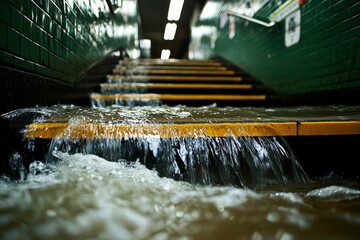 Wall Mural - A flooded subway entrance, water gushing down the steps