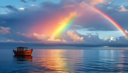 Serene Horizon with a Vibrant Rainbow Reflected on Tranquil Ocean Waves