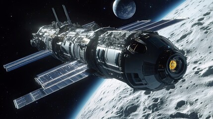 Wall Mural - spacecraft with solar panels orbiting a cratered moon