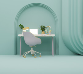 Wall Mural - Minimal office table desk on green blue background. Minimal idea concept for study desk, lamp, plant vase and workspace. Work from home office.