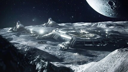 Wall Mural - futuristic lunar base with a cratered moon in the background