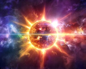 Wall Mural - Radiant Solar Flare Explosion Surrounded by Vibrant Aurora Like Effects in Space