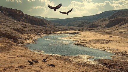 Two Vultures Flying Over a Desert Canyon With a Small Body of Water