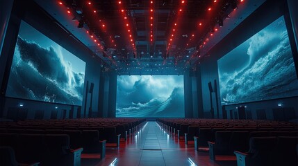 Poster - A large theater with all white walls using projectors as backgrounds. The images from the projector are on all 4 walls so both the stage and the audience is surrounded.