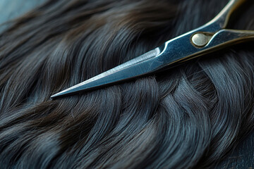 Hair cutting scissors lie on long brown hair. Generated by artificial intelligence