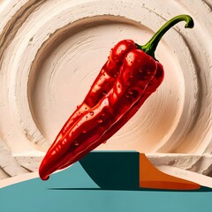 A vivid, delectable drawing of a single, strong, red, hot chilli pepper set on a cold, creamy white background. The image has a subtle texture that resembles a stone-age, rustic mortar