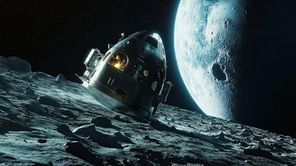 Wall Mural - a spacecraft descending towards a lunar surface with a distant planet in the background