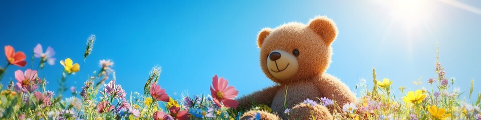 A cute teddy bear in a field of wildflowers under a clear blue sky basking in the sunlight