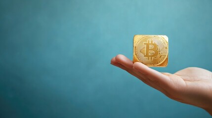 Poster - 3D cube with bitcoin coins on all faces, held delicately by a hand, with a minimalist blue background for a futuristic financial concept.