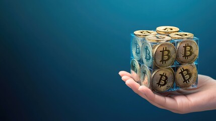 Poster - 3D cube with bitcoin coins on all faces, held delicately by a hand, with a minimalist blue background for a futuristic financial concept.