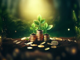 Stacks of gold coins with three green plants growing from the top in a dark forest setting.