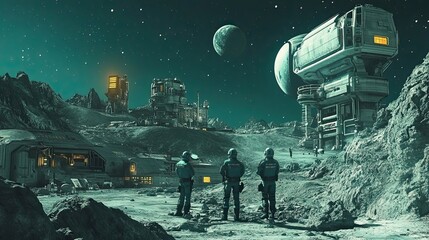 Wall Mural - astronauts on a futuristic lunar base under a starry sky