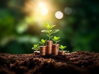 Stacks of coins with small plants growing on top, set against a blurred green background.