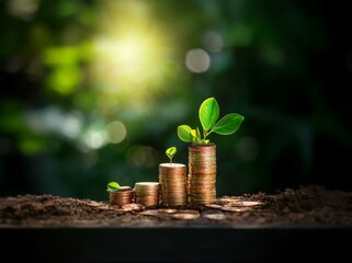 A close-up of three stacks of golden coins with small green plants sprouting from the top, sitting in the dirt.  The background is blurred with green foliage and a sunbeam.