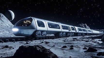 Wall Mural - a futuristic train traveling on the moon's surface under a starry night sky