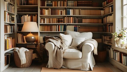 Wall Mural - Inviting reading nook featuring a comfy armchair and a well-stocked bookshelf surrounded by a warm blanket and cozy ambiance