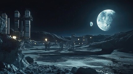 Wall Mural - astronauts exploring a futuristic lunar base under a bright moon