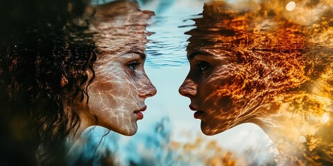 Two faces reflected in water, with one appearing blue and the other orange.