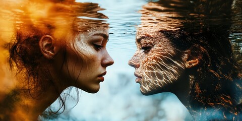 Two faces reflected in water, with one appearing blue and the other orange.